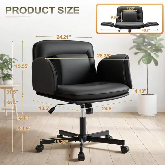 Alt view image 2 of 7 - Ergonomic Criss Cross Legged Office Chair with 5-Way Adjustable Armrests, Leather Vanity Desk Chair with Lumbar Support for Home Office, Pet-Friendly Lounging (Black)