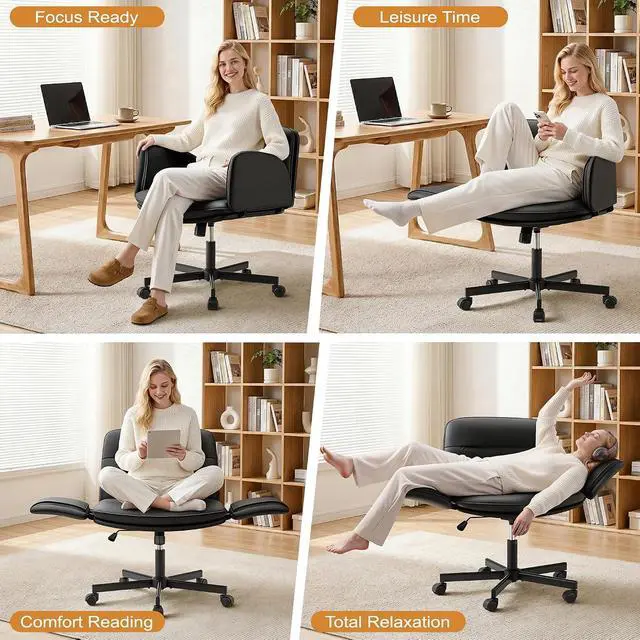 Alt view image 3 of 7 - Ergonomic Criss Cross Legged Office Chair with 5-Way Adjustable Armrests, Leather Vanity Desk Chair with Lumbar Support for Home Office, Pet-Friendly Lounging (Black)