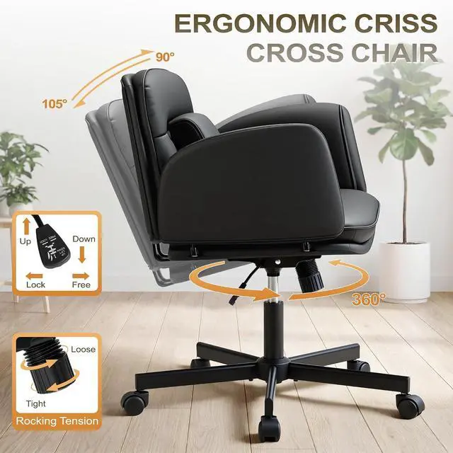 Alt view image 5 of 7 - Ergonomic Criss Cross Legged Office Chair with 5-Way Adjustable Armrests, Leather Vanity Desk Chair with Lumbar Support for Home Office, Pet-Friendly Lounging (Black)