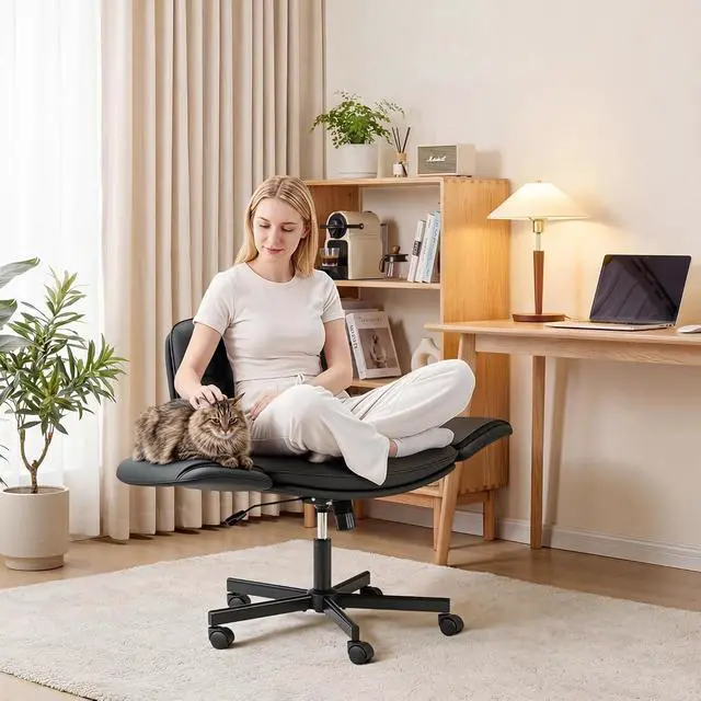 Alt view image 6 of 7 - Ergonomic Criss Cross Legged Office Chair with 5-Way Adjustable Armrests, Leather Vanity Desk Chair with Lumbar Support for Home Office, Pet-Friendly Lounging (Black)