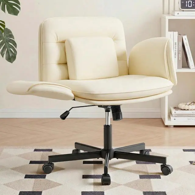 Main image of Ergonomic Criss Cross Legged Office Chair with 5-Way Adjustable Armrests, Leather Vanity Desk Chair with Lumbar Support for Home Office, Pet-Friendly Lounging (Beige)