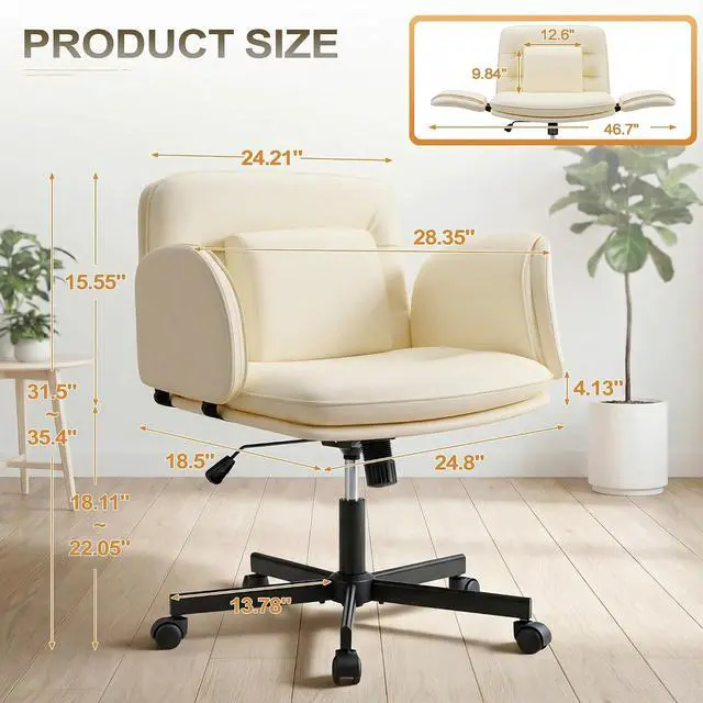 Alt view image 2 of 7 - Ergonomic Criss Cross Legged Office Chair with 5-Way Adjustable Armrests, Leather Vanity Desk Chair with Lumbar Support for Home Office, Pet-Friendly Lounging (Beige)