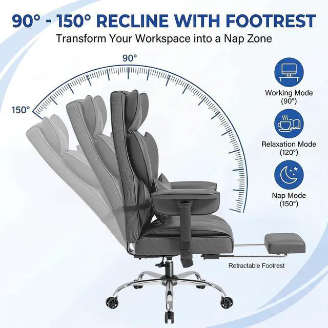 Alt view image 6 of 7 - Big and Tall Gaming Chair Executive Ergonomic Office Chair with Foot Rest, Leather High Back 400LBS Heavy Duty Computer Chair with Lumbar Support