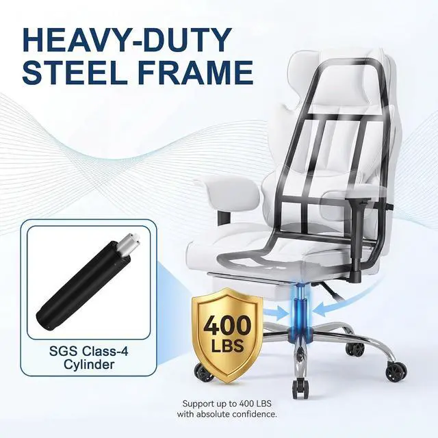 Alt view image 5 of 7 - Big and Tall Gaming Chair Executive Ergonomic Office Chair with Foot Rest, Leather High Back 400LBS Heavy Duty Computer Chair with Lumbar Support