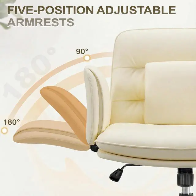 Alt view image 4 of 7 - Ergonomic Criss Cross Legged Office Chair with 5-Way Adjustable Armrests, Leather Vanity Desk Chair with Lumbar Support for Home Office, Pet-Friendly Lounging (Beige)