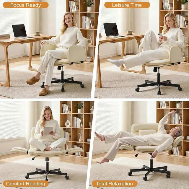 Alt view image 3 of 7 - Ergonomic Criss Cross Legged Office Chair with 5-Way Adjustable Armrests, Leather Vanity Desk Chair with Lumbar Support for Home Office, Pet-Friendly Lounging (Beige)