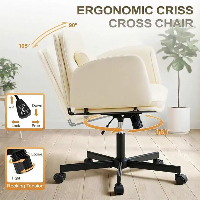 Alt view image 5 of 7 - Ergonomic Criss Cross Legged Office Chair with 5-Way Adjustable Armrests, Leather Vanity Desk Chair with Lumbar Support for Home Office, Pet-Friendly Lounging (Beige)