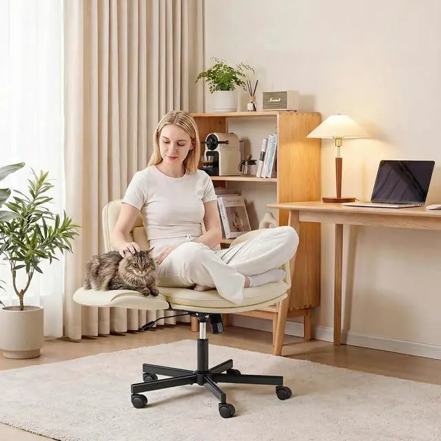 Alt view image 6 of 7 - Ergonomic Criss Cross Legged Office Chair with 5-Way Adjustable Armrests, Leather Vanity Desk Chair with Lumbar Support for Home Office, Pet-Friendly Lounging (Beige)