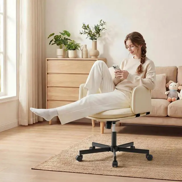 Alt view image 7 of 7 - Ergonomic Criss Cross Legged Office Chair with 5-Way Adjustable Armrests, Leather Vanity Desk Chair with Lumbar Support for Home Office, Pet-Friendly Lounging (Beige)