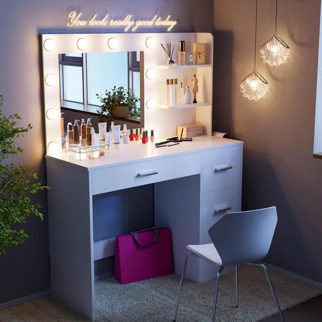 Main image of 35.4" Vanity Desk with Mirror & Power Outlet, Makeup Vanity Table with 4 Large Drawers and 3 Storage Shelves, 3 Model Adjustable Lights for Bedroom & Dressing Room (White)
