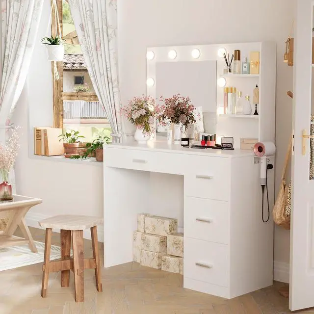 Alt view image 2 of 7 - 35.4" Vanity Desk with Mirror & Power Outlet, Makeup Vanity Table with 4 Large Drawers and 3 Storage Shelves, 3 Model Adjustable Lights for Bedroom & Dressing Room (White)