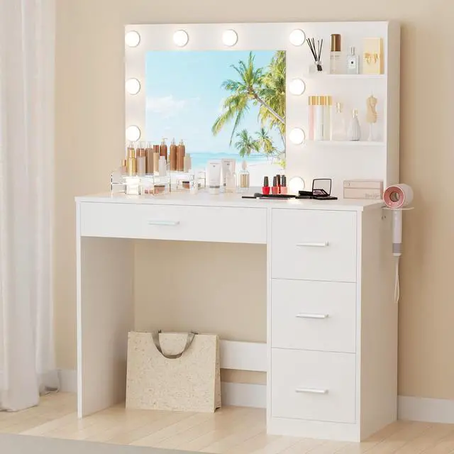 Alt view image 3 of 7 - 35.4" Vanity Desk with Mirror & Power Outlet, Makeup Vanity Table with 4 Large Drawers and 3 Storage Shelves, 3 Model Adjustable Lights for Bedroom & Dressing Room (White)