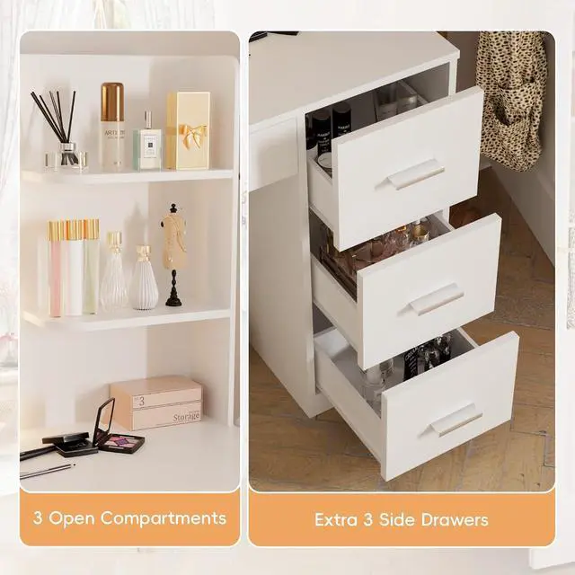 Alt view image 4 of 7 - 35.4" Vanity Desk with Mirror & Power Outlet, Makeup Vanity Table with 4 Large Drawers and 3 Storage Shelves, 3 Model Adjustable Lights for Bedroom & Dressing Room (White)