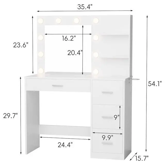 Alt view image 7 of 7 - 35.4" Vanity Desk with Mirror & Power Outlet, Makeup Vanity Table with 4 Large Drawers and 3 Storage Shelves, 3 Model Adjustable Lights for Bedroom & Dressing Room (White)