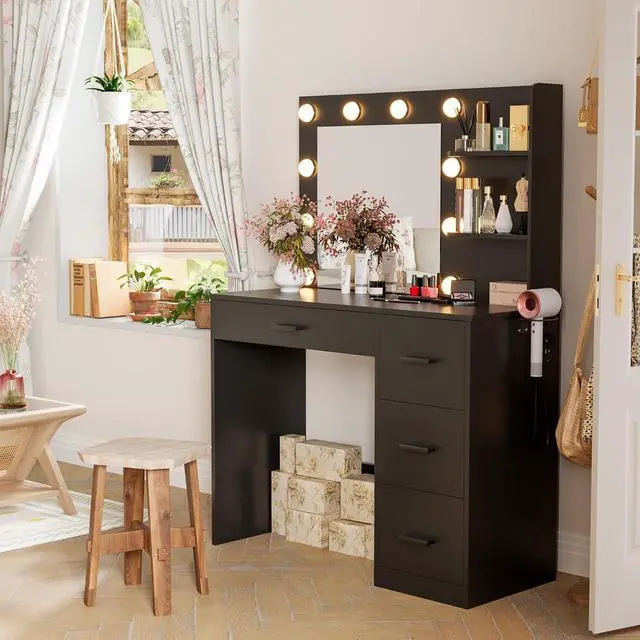 Alt view image 2 of 7 - 35.4" Vanity Desk with Mirror & Power Outlet, Makeup Vanity Table with 4 Large Drawers and 3 Storage Shelves, 3 Model Adjustable Lights for Bedroom & Dressing Room (Black)