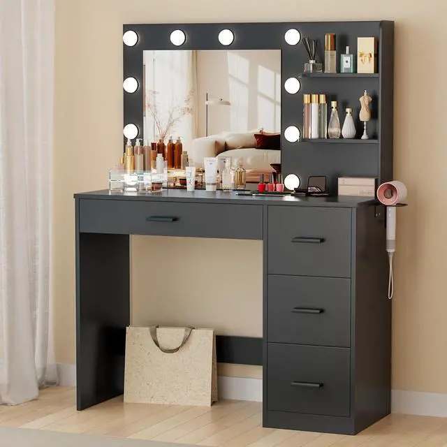 Alt view image 3 of 7 - 35.4" Vanity Desk with Mirror & Power Outlet, Makeup Vanity Table with 4 Large Drawers and 3 Storage Shelves, 3 Model Adjustable Lights for Bedroom & Dressing Room (Black)