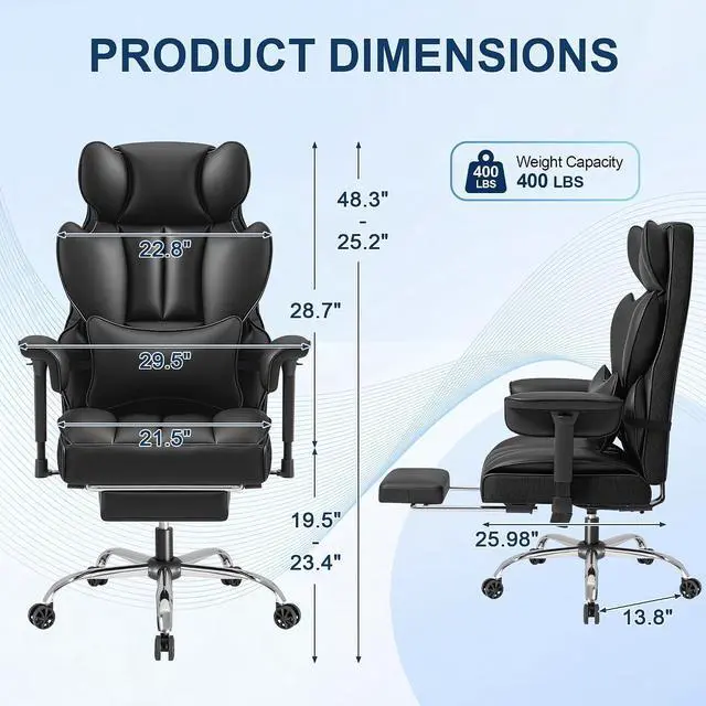 Alt view image 3 of 7 - Big and Tall Gaming Chair Executive Ergonomic Office Chair with Foot Rest, Leather High Back 400LBS Heavy Duty Computer Chair with Lumbar Support