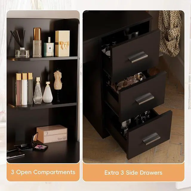 Alt view image 5 of 7 - 35.4" Vanity Desk with Mirror & Power Outlet, Makeup Vanity Table with 4 Large Drawers and 3 Storage Shelves, 3 Model Adjustable Lights for Bedroom & Dressing Room (Black)