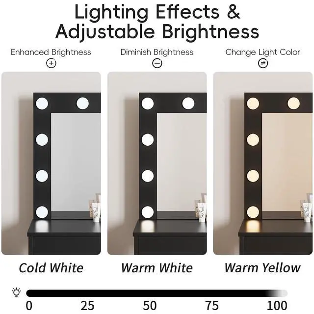 Alt view image 6 of 7 - 35.4" Vanity Desk with Mirror & Power Outlet, Makeup Vanity Table with 4 Large Drawers and 3 Storage Shelves, 3 Model Adjustable Lights for Bedroom & Dressing Room (Black)