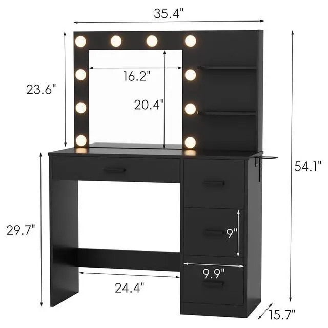 Alt view image 7 of 7 - 35.4" Vanity Desk with Mirror & Power Outlet, Makeup Vanity Table with 4 Large Drawers and 3 Storage Shelves, 3 Model Adjustable Lights for Bedroom & Dressing Room (Black)