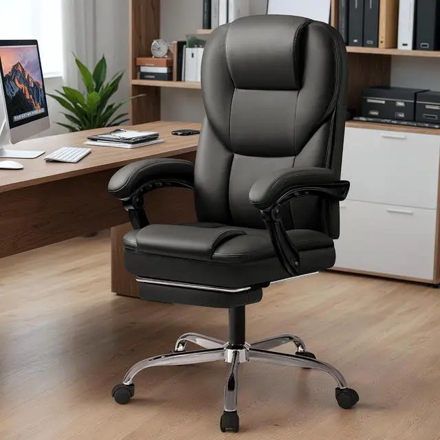 Alt view image 2 of 7 - Massage Big and Tall Executive Chair with Footrest and Lumbar Support, 400LBS Reclining Ergonomic High Back Chair for Home Office (Black)
