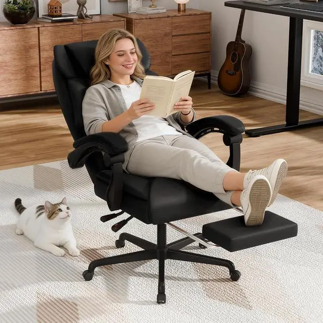 Alt view image 2 of 7 - Massage Office Chair with Foot Rest 6 Points Vibration 400LBS Big and Tall Office Chair for Heavy People High Back Reclining Executive Computer Chair for Home Office Desk (Black)