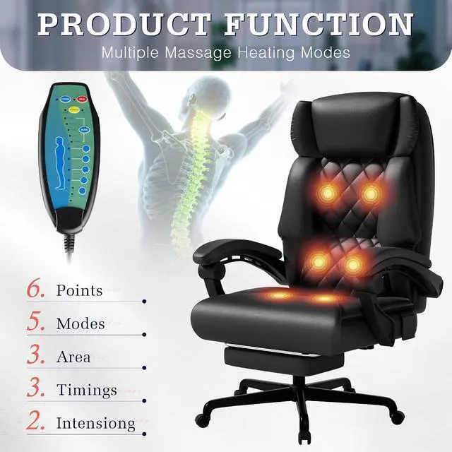 Alt view image 4 of 7 - Massage Office Chair with Foot Rest 6 Points Vibration 400LBS Big and Tall Office Chair for Heavy People High Back Reclining Executive Computer Chair for Home Office Desk (Black)