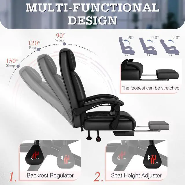 Alt view image 7 of 7 - Massage Office Chair with Foot Rest 6 Points Vibration 400LBS Big and Tall Office Chair for Heavy People High Back Reclining Executive Computer Chair for Home Office Desk (Black)