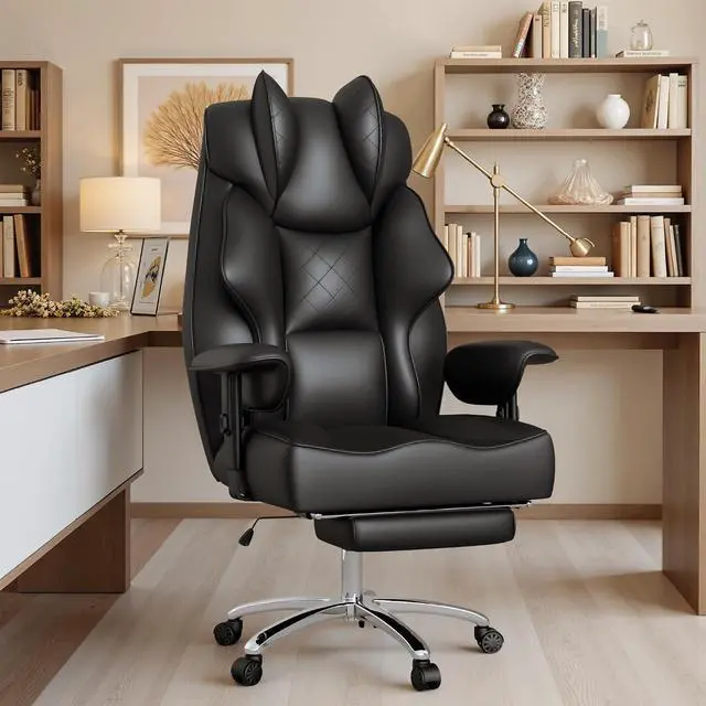 Alt view image 2 of 7 - Big and Tall Massage Office Chair,Reclining High Back Ergonomic Home Office Desk Chair with Adjustable Padded Armrest and Foot Rest (Leather, Black)