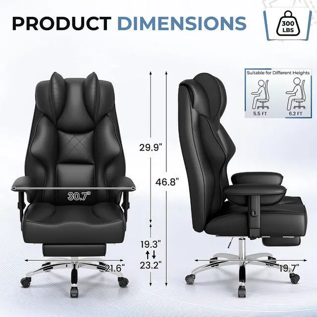Alt view image 3 of 7 - Big and Tall Massage Office Chair,Reclining High Back Ergonomic Home Office Desk Chair with Adjustable Padded Armrest and Foot Rest (Leather, Black)