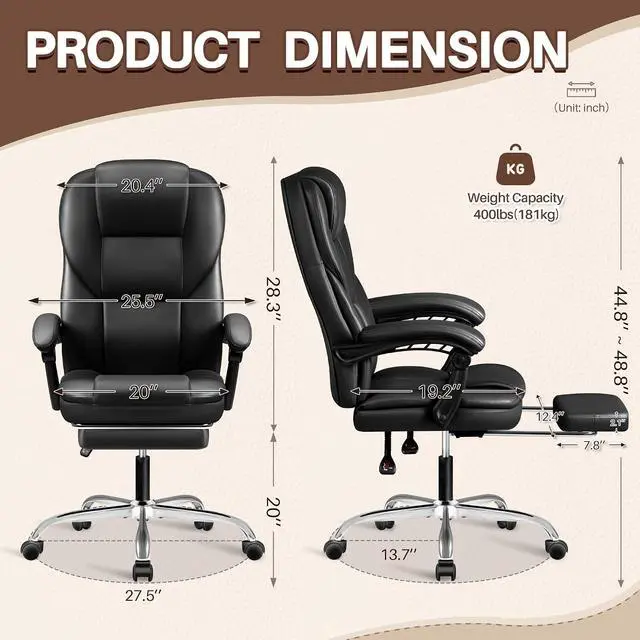 Alt view image 3 of 7 - Massage Big and Tall Executive Chair with Footrest and Lumbar Support, 400LBS Reclining Ergonomic High Back Chair for Home Office (Black)