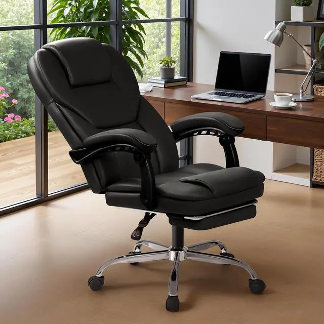 Alt view image 4 of 7 - Massage Big and Tall Executive Chair with Footrest and Lumbar Support, 400LBS Reclining Ergonomic High Back Chair for Home Office (Black)