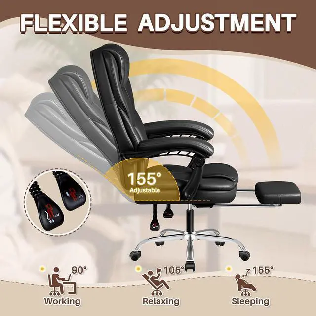 Alt view image 6 of 7 - Massage Big and Tall Executive Chair with Footrest and Lumbar Support, 400LBS Reclining Ergonomic High Back Chair for Home Office (Black)