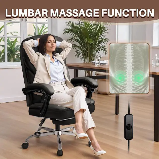 Alt view image 5 of 7 - Massage Big and Tall Executive Chair with Footrest and Lumbar Support, 400LBS Reclining Ergonomic High Back Chair for Home Office (Black)