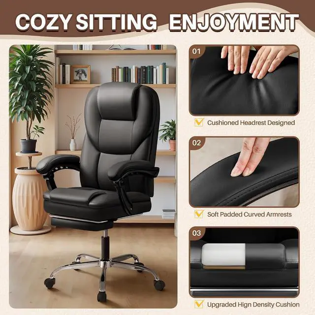 Alt view image 7 of 7 - Massage Big and Tall Executive Chair with Footrest and Lumbar Support, 400LBS Reclining Ergonomic High Back Chair for Home Office (Black)