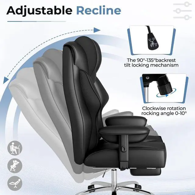 Alt view image 5 of 7 - Big and Tall Massage Office Chair,Reclining High Back Ergonomic Home Office Desk Chair with Adjustable Padded Armrest and Foot Rest (Leather, Black)