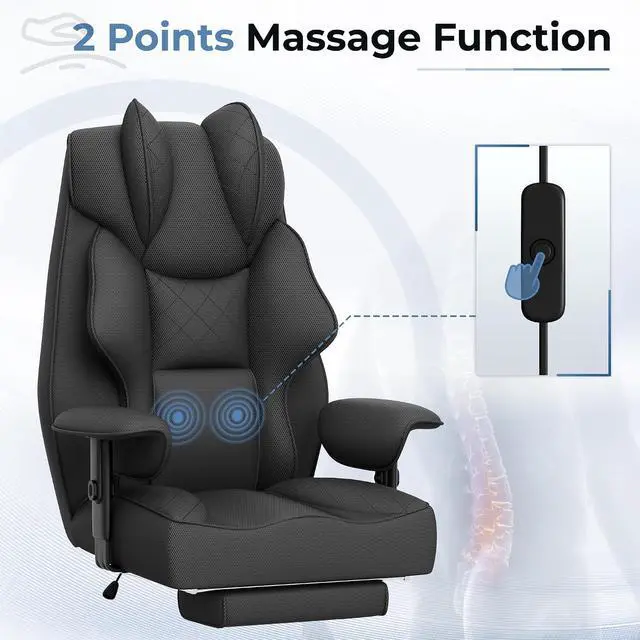 Alt view image 4 of 7 - Big and Tall Massage Office Chair,Reclining High Back Ergonomic Home Office Desk Chair with Adjustable Padded Armrest and Foot Rest (Mesh, Black)