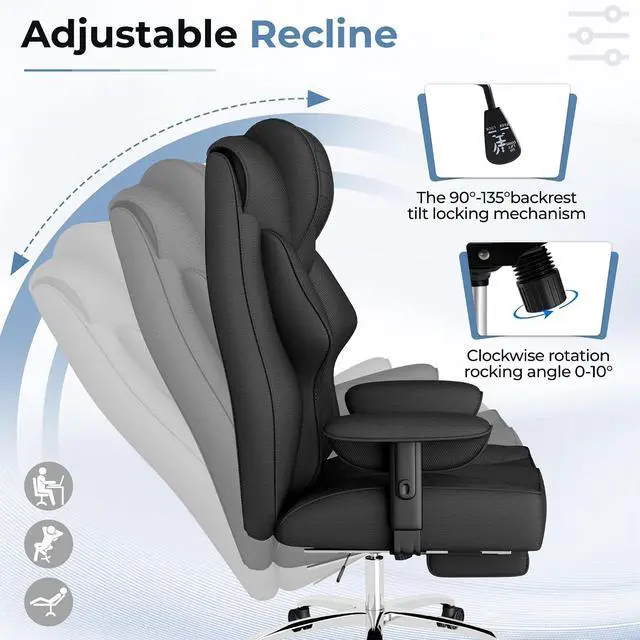 Alt view image 5 of 7 - Big and Tall Massage Office Chair,Reclining High Back Ergonomic Home Office Desk Chair with Adjustable Padded Armrest and Foot Rest (Mesh, Black)
