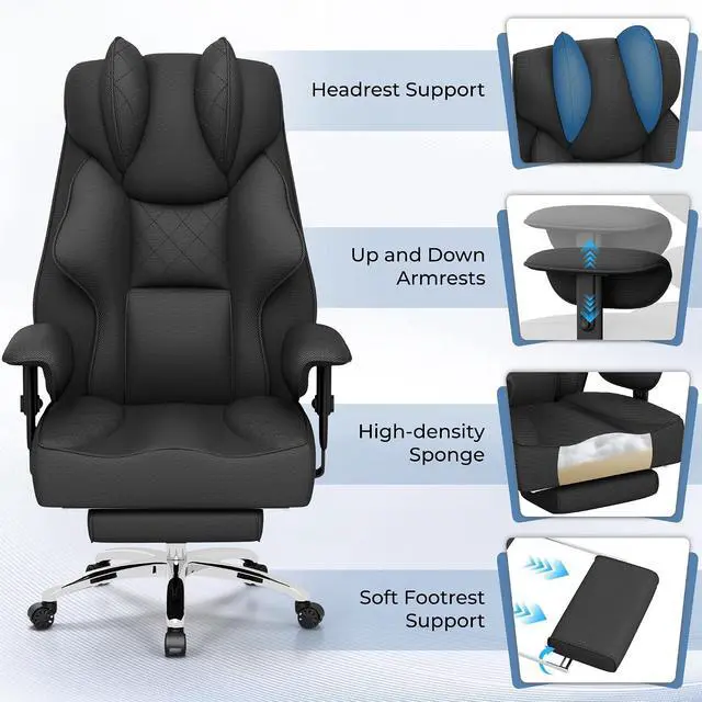 Alt view image 6 of 7 - Big and Tall Massage Office Chair,Reclining High Back Ergonomic Home Office Desk Chair with Adjustable Padded Armrest and Foot Rest (Mesh, Black)