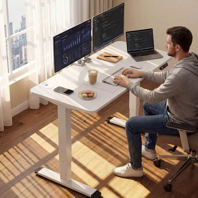 Alt view image 2 of 7 - Standing Desk Electric Adjustable Desk Large 55 x 24 Sit Stand Up Desk Home Office Computer Desk Memory Preset with T-Shaped Metal Bracket, White