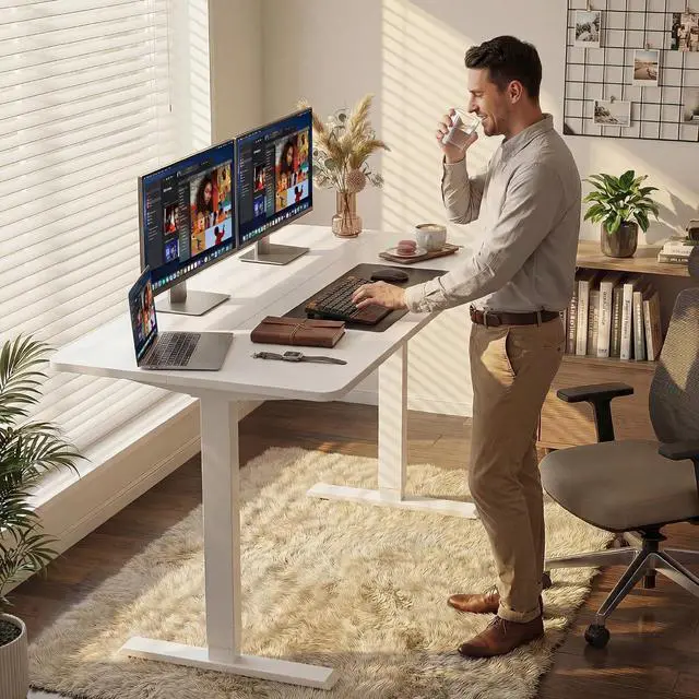 Alt view image 5 of 7 - Standing Desk Electric Adjustable Desk Large 55 x 24 Sit Stand Up Desk Home Office Computer Desk Memory Preset with T-Shaped Metal Bracket, White