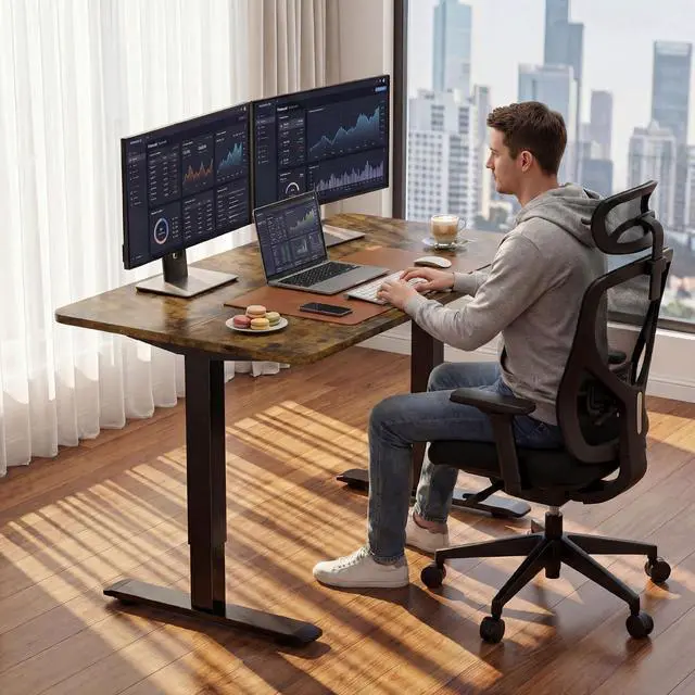 Alt view image 2 of 7 - Standing Desk Electric Adjustable Desk Large 48 x 24 Sit Stand Up Desk Home Office Computer Desk Memory Preset with T-Shaped Metal Bracket, Brown