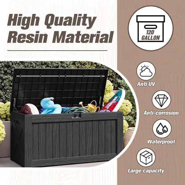 Alt view image 3 of 7 - 120 Gallon Resin Deck Box, Large Outdoor Storage Box Waterproof & Lockable for Garden, Patio, Pools (Black)