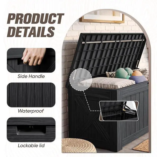 Alt view image 2 of 7 - 120 Gallon Resin Deck Box, Large Outdoor Storage Box Waterproof & Lockable for Garden, Patio, Pools (Black)