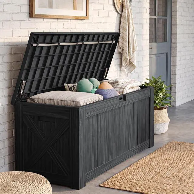 Alt view image 4 of 7 - 120 Gallon Resin Deck Box, Large Outdoor Storage Box Waterproof & Lockable for Garden, Patio, Pools (Black)