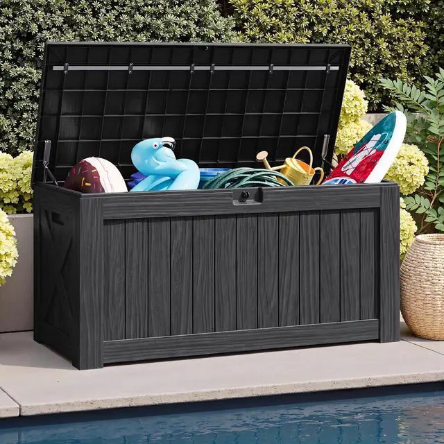 Alt view image 6 of 7 - 120 Gallon Resin Deck Box, Large Outdoor Storage Box Waterproof & Lockable for Garden, Patio, Pools (Black)