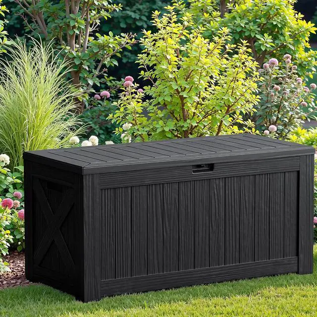 Alt view image 7 of 7 - 120 Gallon Resin Deck Box, Large Outdoor Storage Box Waterproof & Lockable for Garden, Patio, Pools (Black)