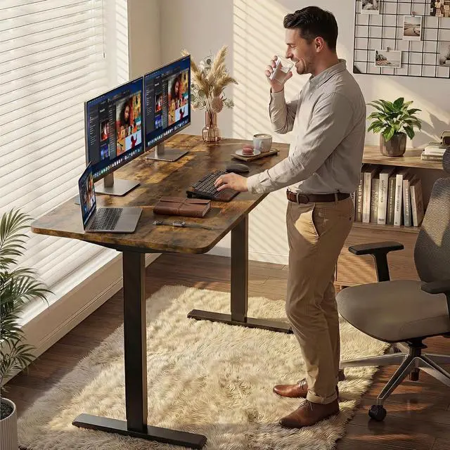 Alt view image 6 of 7 - Standing Desk Electric Adjustable Desk Large 48 x 24 Sit Stand Up Desk Home Office Computer Desk Memory Preset with T-Shaped Metal Bracket, Brown