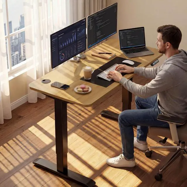 Alt view image 2 of 7 - Standing Desk Electric Adjustable Desk Large 55 x 24 Sit Stand Up Desk Home Office Computer Desk Memory Preset with T-Shaped Metal Bracket, Black&Wood