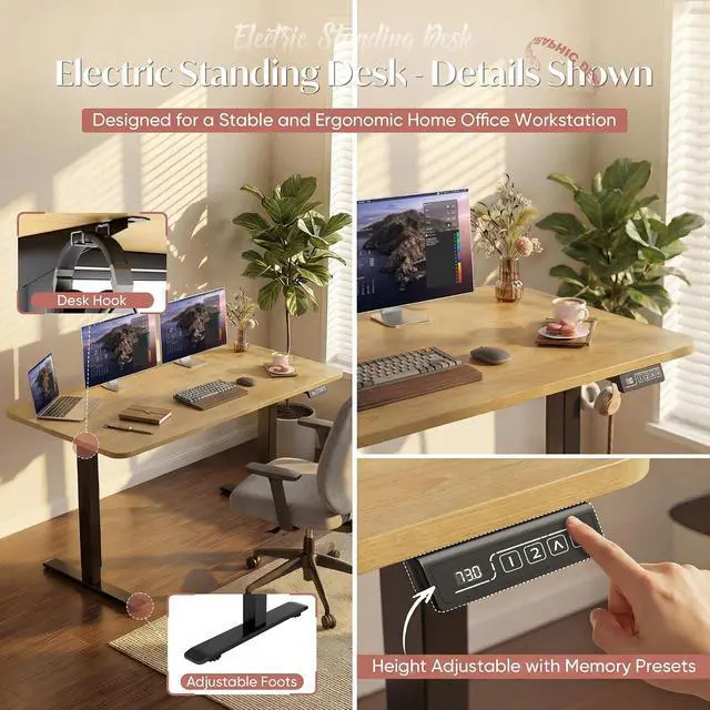 Alt view image 4 of 7 - Standing Desk Electric Adjustable Desk Large 55 x 24 Sit Stand Up Desk Home Office Computer Desk Memory Preset with T-Shaped Metal Bracket, Black&Wood